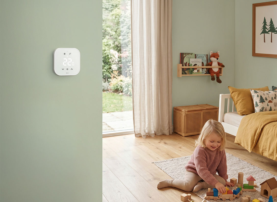 Eve Thermostat EU an einer Kinderzimmerwand, im Hintergrund ein spielendes Kind- Geräuschloser Betrieb dank Triac-Technologie.