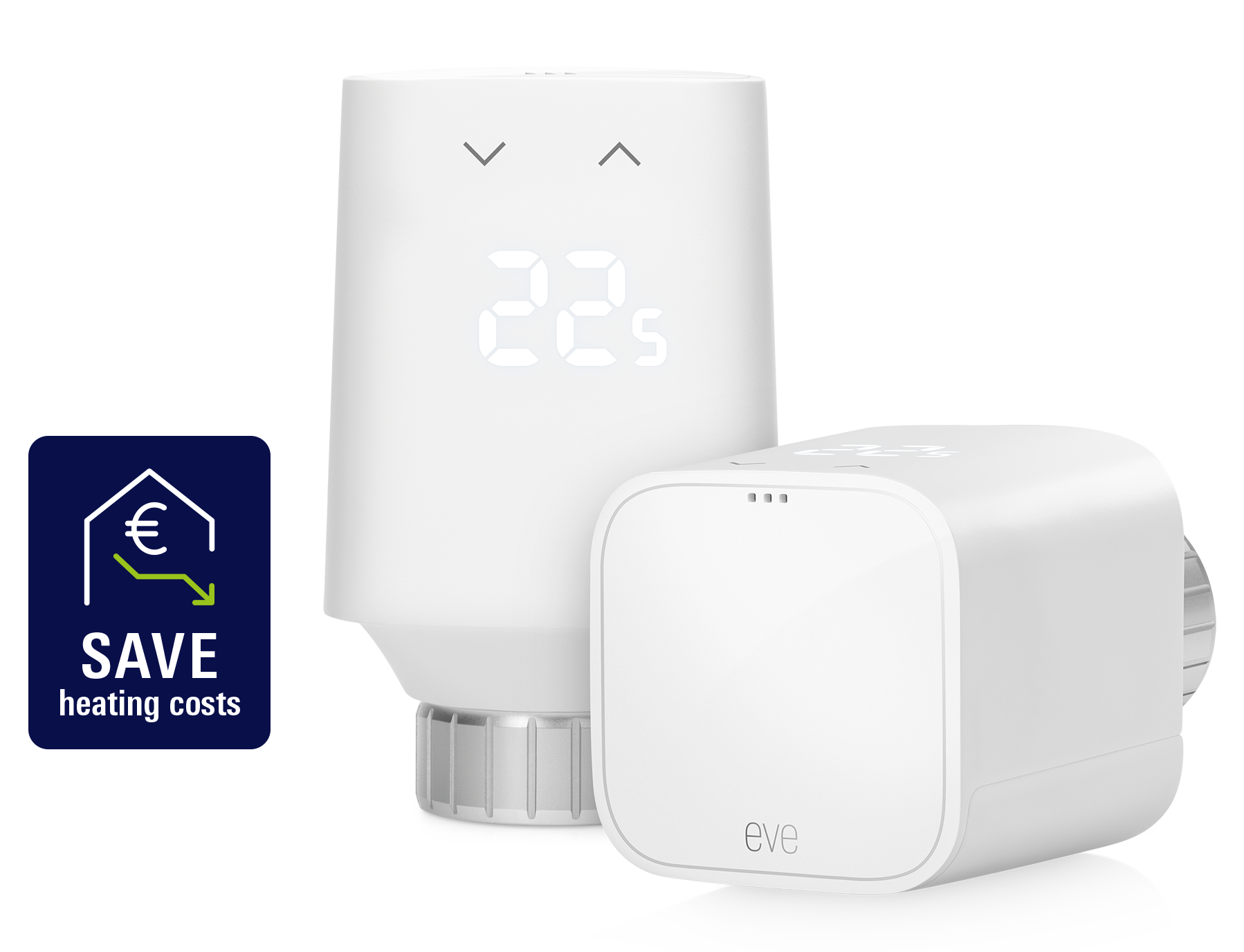 Eve Thermo device images with two Eve Thermo and a badge with € and an arrow pointing down with text save heating costs