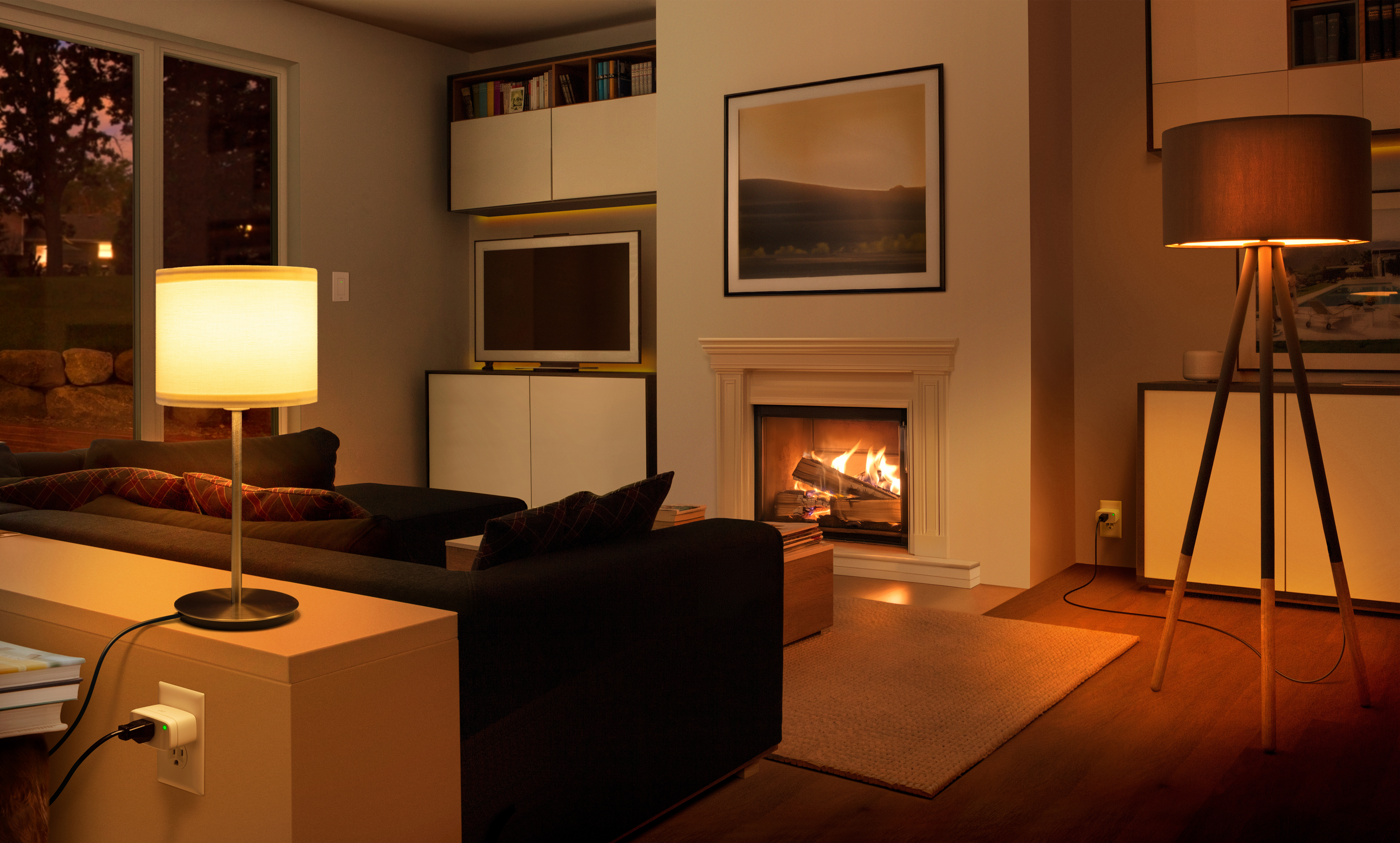 Eve Light Switch - Living room with a fire place, Eve Light Switch, Eve Energy, lamps