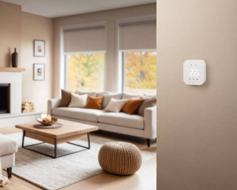 Eve Thermostat: Bild mit Wohnzimmer an der Wand ist Eve Thermostat angebracht