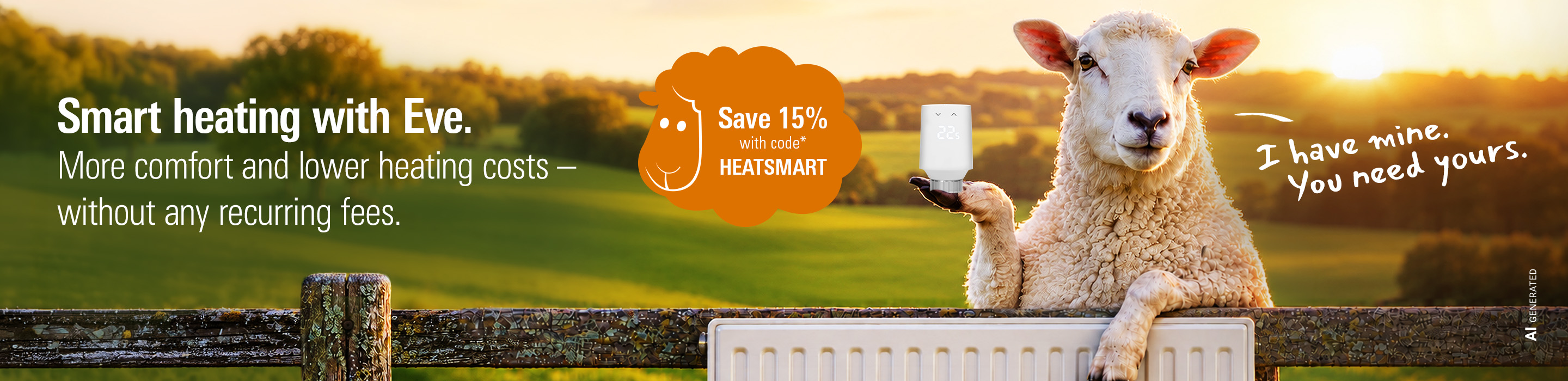 Smart heating ad with a sheep in a field holding Eve Thermo. Badge Save 15% witch code* HEATSMART