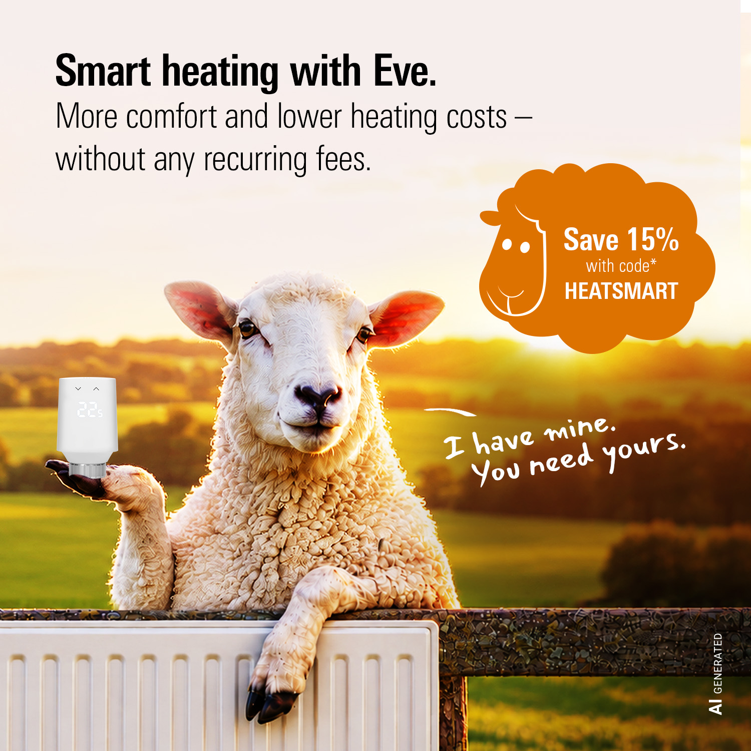 Smart heating ad with a sheep in a field holding Eve Thermo. Badge Save 15% witch code* HEATSMART