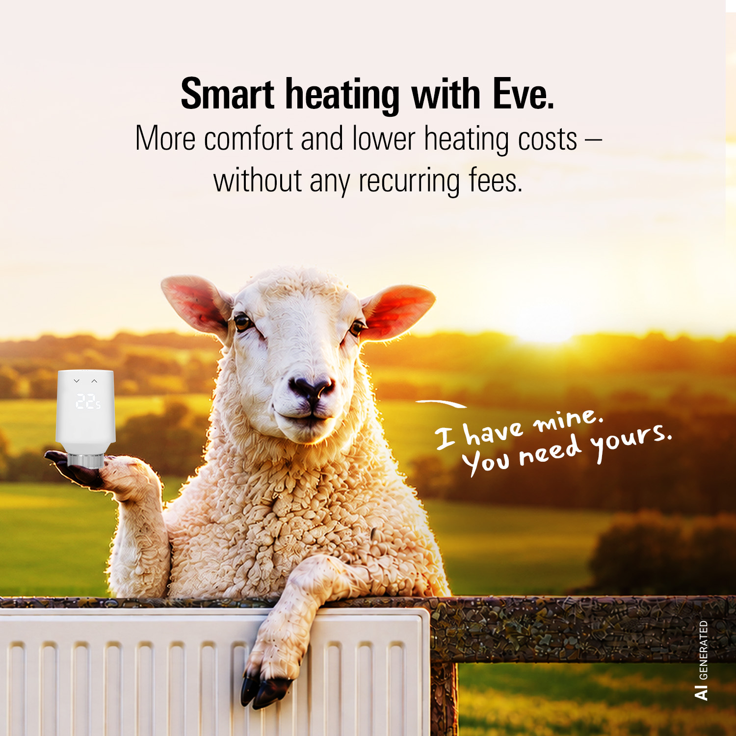 Promotional banner with a sheep in a field and text about smart heating with Eve